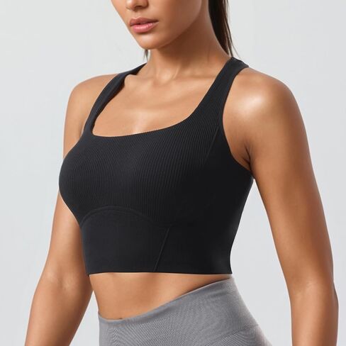 Women Square Neckline Sports Bra Padded Basic Workout Y-Back Racerback Cropped Tank Top in Saudi Arabia