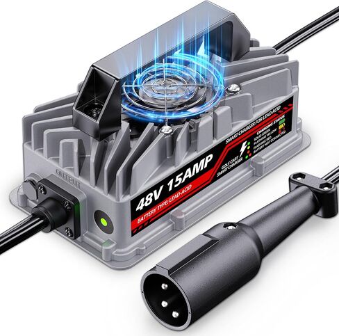 شاحن بطارية عربة الجولف 48 فولت 15 أمبير لسيارة النادي السابقة وDS - قابس دائري 3 دبابيس، شاحن ذكي لبطاريات الرصاص الحمضية، IP67 مقاوم للماء، حماية متعددة، تصميم فريد (فضي) in Kuwait