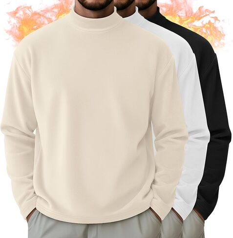 مجموعة من 3 تيشيرتات رجالية بأكمام طويلة، سترات صوفية حرارية، قمصان ذات ياقة مدورة وهمية، قمصان داخلية صلبة أساسية in Kuwait