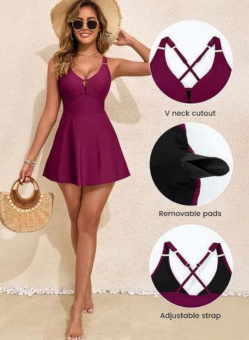 Aleumdr One Piece Swimsuits for Women Slimming Tummy Control Swim Dress V Neck Keyhole Skirted Bathing Suits in Saudi Arabia