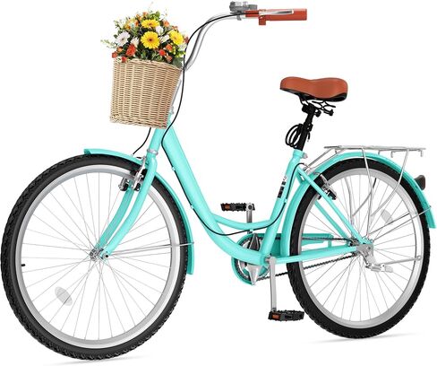 DWVO Beach Cruiser Bike for Women, 24 & 26 Inch Womens Bike with Adjustable Seat, 1&7-Speed Comfort Bicycle for Adults City Commuter with Built-in Lock & Wicker Basket, Multiple Color in Saudi Arabia