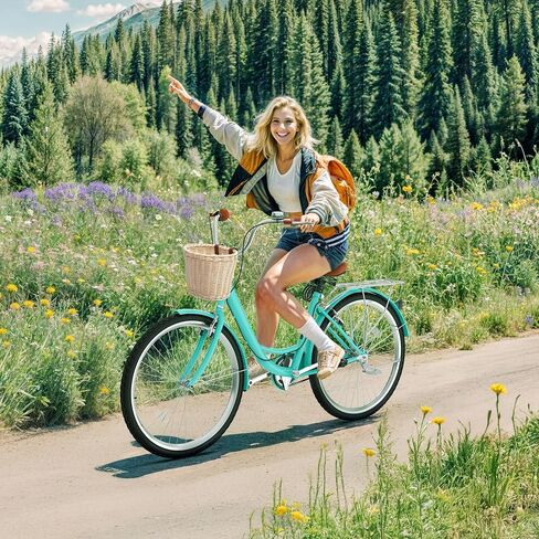 DWVO Beach Cruiser Bike for Women, 24 & 26 Inch Womens Bike with Adjustable Seat, 1&7-Speed Comfort Bicycle for Adults City Commuter with Built-in Lock & Wicker Basket, Multiple Color in Saudi Arabia