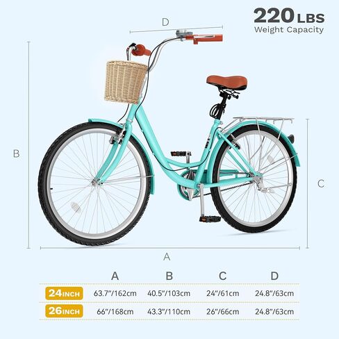 DWVO Beach Cruiser Bike for Women, 24 & 26 Inch Womens Bike with Adjustable Seat, 1&7-Speed Comfort Bicycle for Adults City Commuter with Built-in Lock & Wicker Basket, Multiple Color in Saudi Arabia
