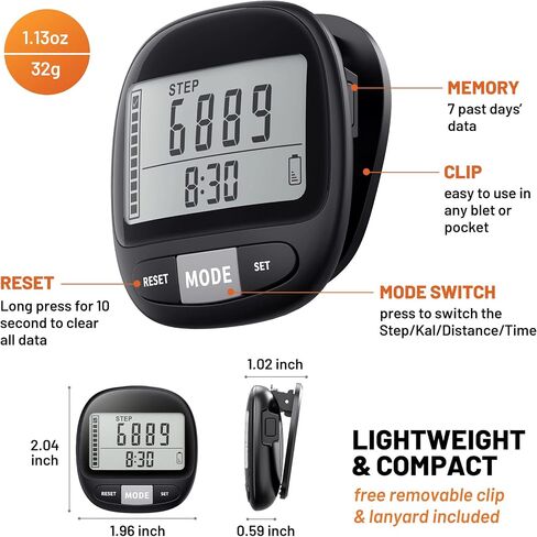 3D Pedometer for Walking with Clip and Strap, Walking Distance Miles, Calorie Counter, 7 Days Memory, Daily Target Monitor, Activity Time. Accurate Step Counter for Men Women & Kids Seniors in Kuwait