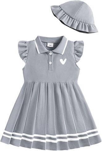 Toddler Girl Dress Baby Girls Button-up Polo Uniform Dresses 2 Pieces Summer Tennis Ruffle Sleeve Clothes Size 2T-8T in Saudi Arabia