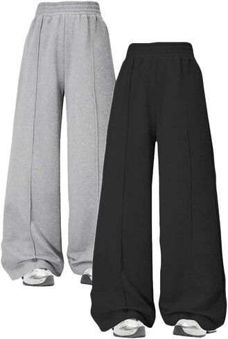 Nivne Tco Tween Girls Wide Leg Sweatpants, 2pcs Baggy Pants Set - Solid Color Loose Casual Pants with Elastic Waistband in Saudi Arabia