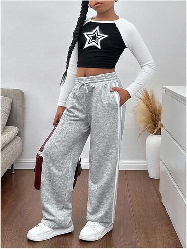 Girl's Striped Side Sweatpants Mid Rise Wide Leg Athletic Pants Casual Pants in Saudi Arabia