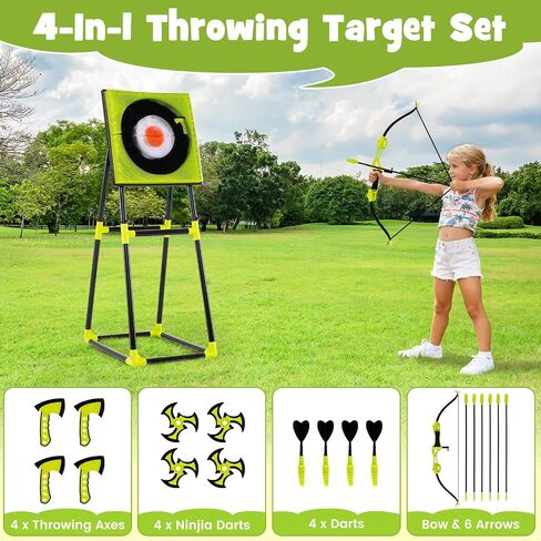 Costzon Axe Throwing Target Game for Backyard, 4 in 1 Kids Throwing Game w/5 Arrows, 3 Throwing Axes, 3 Ninja Darts, 3 Darts, Bristle Target & a Bow -Boys & Girls Indoor Outdoor Carnival Game Gifts in Saudi Arabia