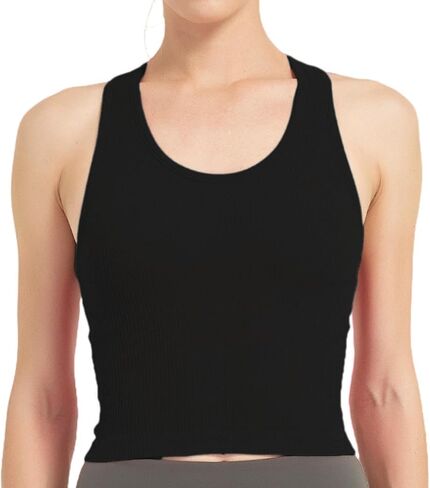 Women’s Ribbed Workout Crop Tank with Built-in Bra Racerback Lightweight Yoga Top in Saudi Arabia
