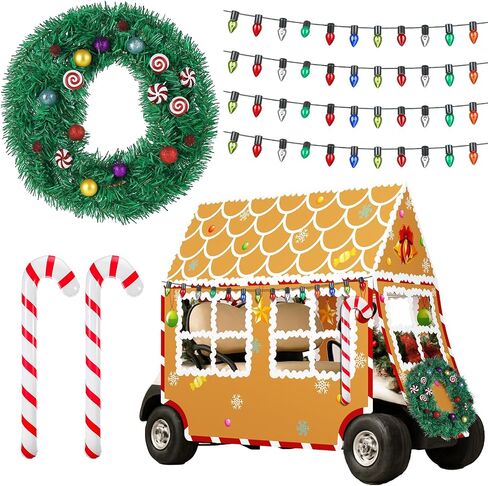 15 Pcs Christmas Gingerbread House Golf Cart Decorating Ideas Gingerbread House Colored Lights Candy Cane Shaped Balloons Candy Garland Decorations No Frame Included for Christmas Decorations in Saudi Arabia