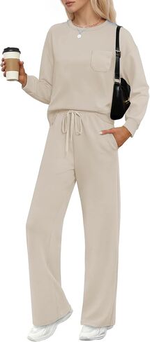 2 Piece Travel Set for Women Fall Lounge Sets 2025 Crew Neck Wide Leg Pants Vacation Travel Airport Outfits in Saudi Arabia