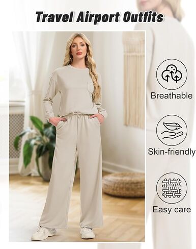 2 Piece Travel Set for Women Fall Lounge Sets 2025 Crew Neck Wide Leg Pants Vacation Travel Airport Outfits in Saudi Arabia