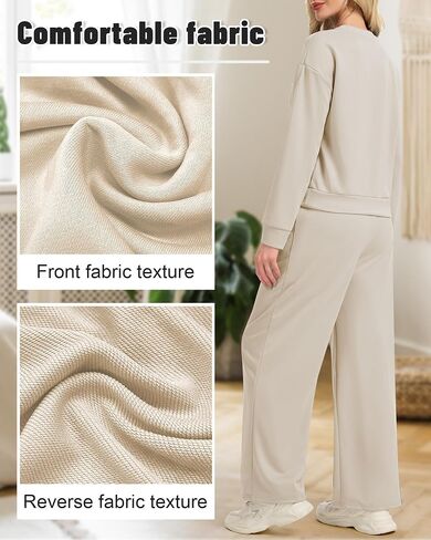 2 Piece Travel Set for Women Fall Lounge Sets 2025 Crew Neck Wide Leg Pants Vacation Travel Airport Outfits in Saudi Arabia