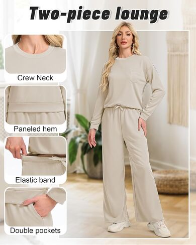 2 Piece Travel Set for Women Fall Lounge Sets 2025 Crew Neck Wide Leg Pants Vacation Travel Airport Outfits in Saudi Arabia