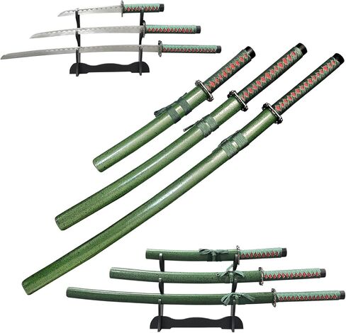 3-Piece Samurai Sword Set with Stand – Green Scabbard Katana, Wakizashi & Tanto, 1095 Carbon Steel Unsharpened Blades, Full Tang, Perfect for Display, Martial Arts Training, Cosplay & Gifts in Saudi Arabia