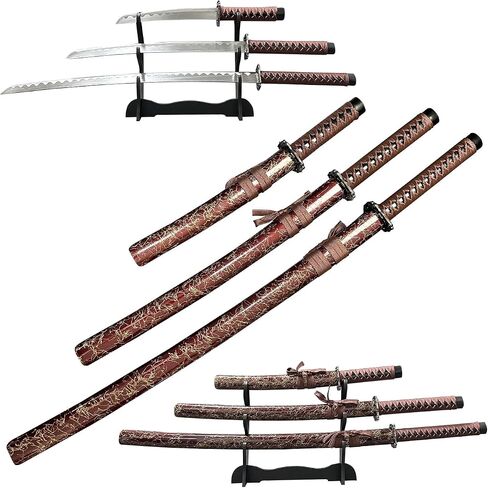 Decorative Samurai Sword Set, 3-Piece Katana Collection with Display Stand, 39.3/31.1/20.4 inches in Saudi Arabia