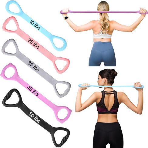 Soulchen 5 Pack Figure 8 Fitness Resistance Bands Elastic Bands(10 Lbs-25 Lbs-35 Lbs-40 Lbs-50 Lbs)for Arm, Back, Chest and Shoulder, Yoga, Pilates, Stretching, Workout Pulling Rope for Women and Men in Saudi Arabia