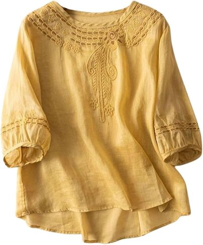 Cotton Linen Shirts for Women 2025 Trendy Summer Retro Embroidered 3/4 Sleeve Boho Blouse Dressy Vacation Top in Saudi Arabia