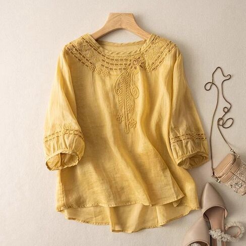 Cotton Linen Shirts for Women 2025 Trendy Summer Retro Embroidered 3/4 Sleeve Boho Blouse Dressy Vacation Top in Saudi Arabia