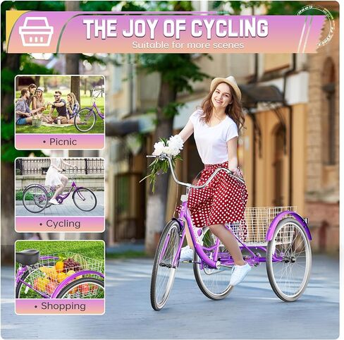1-Speed Adult Tricycle, 24 Inch 3 Wheel Bikes with Large Basket, Cruiser Bike for Women/Men/Seniors, Adult Trike for Outdoor/Shopping/Recreation/Picnic (Blue) in Saudi Arabia
