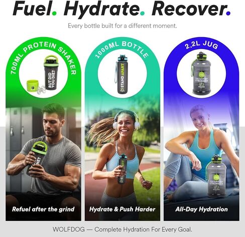 WOLFDOG Gym Water Bottle Set 3-Pack, Also for Creatine, Electrolytes, Hydrates & Smoothies, 74oz Large Leakproof Jug with Straw, 24oz Protein Shaker with Mixer Ball & Storage, 33oz Fast-Flow Bottle in Saudi Arabia