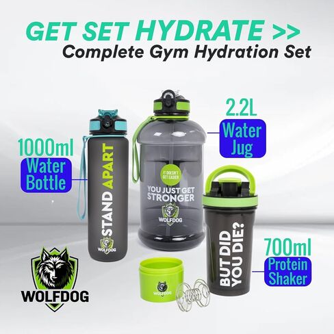 WOLFDOG Gym Water Bottle Set 3-Pack, Also for Creatine, Electrolytes, Hydrates & Smoothies, 74oz Large Leakproof Jug with Straw, 24oz Protein Shaker with Mixer Ball & Storage, 33oz Fast-Flow Bottle in Saudi Arabia