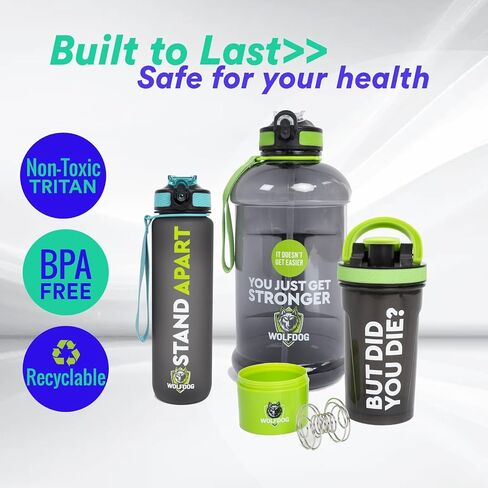 WOLFDOG Gym Water Bottle Set 3-Pack, Also for Creatine, Electrolytes, Hydrates & Smoothies, 74oz Large Leakproof Jug with Straw, 24oz Protein Shaker with Mixer Ball & Storage, 33oz Fast-Flow Bottle in Saudi Arabia