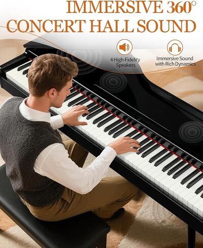 Ktaxon Grand Piano 88 لوحة مفاتيح مرجحة مع لمسة نهائية من طلاء شديد اللمعان، جسم مقوس انسيابي، غطاء قابل للطي، صوت غامر بأربعة مكبرات صوت، بلوتوث MIDI/صوت ومقبس سماعة الرأس (أسود) in Kuwait