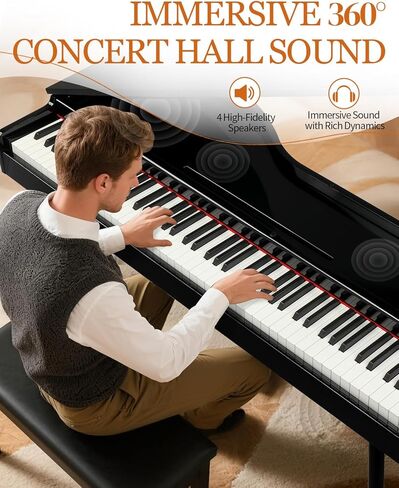 Ktaxon Grand Piano 88 لوحة مفاتيح مرجحة مع لمسة نهائية من طلاء شديد اللمعان، جسم مقوس انسيابي، غطاء قابل للطي، صوت غامر بأربعة مكبرات صوت، بلوتوث MIDI/صوت ومقبس سماعة الرأس (أسود) in Saudi Arabia