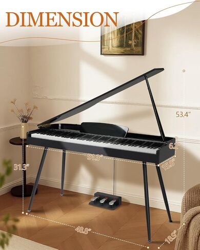 Ktaxon Grand Piano 88 لوحة مفاتيح مرجحة مع لمسة نهائية من طلاء شديد اللمعان، جسم مقوس انسيابي، غطاء قابل للطي، صوت غامر بأربعة مكبرات صوت، بلوتوث MIDI/صوت ومقبس سماعة الرأس (أسود) in Kuwait