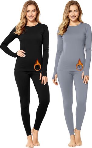 Patelai 2 Pack Womens Thermal Underwear Fleece Lined Base Layer Set Long Sleeves Cold Weather Top Bottom Winter Pajama Set in Saudi Arabia