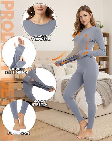 Patelai 2 Pack Womens Thermal Underwear Fleece Lined Base Layer Set Long Sleeves Cold Weather Top Bottom Winter Pajama Set in Saudi Arabia