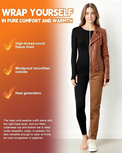 Patelai 2 Pack Womens Thermal Underwear Fleece Lined Base Layer Set Long Sleeves Cold Weather Top Bottom Winter Pajama Set in Saudi Arabia