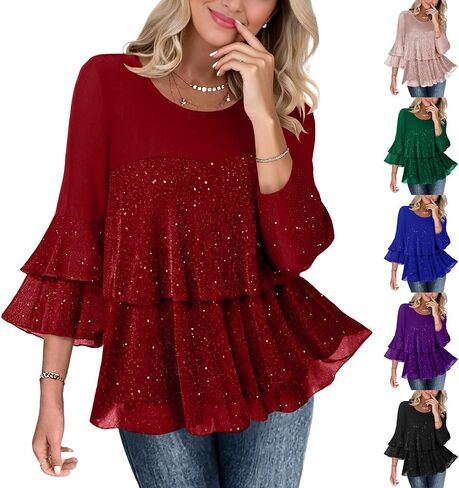 Sparkly Shirts for Women 3/4 Sleeve Ruffles Party Flowy Blouse Double Layers Mesh Comfort Holiday Tops 2025 Outfits in Saudi Arabia