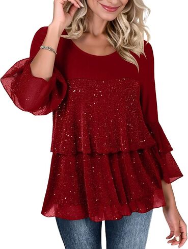Sparkly Shirts for Women 3/4 Sleeve Ruffles Party Flowy Blouse Double Layers Mesh Comfort Holiday Tops 2025 Outfits in Saudi Arabia