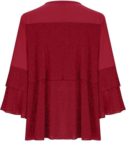Sparkly Shirts for Women 3/4 Sleeve Ruffles Party Flowy Blouse Double Layers Mesh Comfort Holiday Tops 2025 Outfits in Saudi Arabia