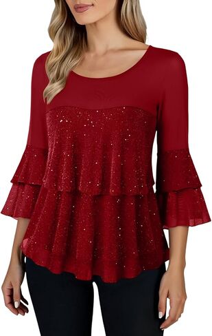 Sparkly Shirts for Women 3/4 Sleeve Ruffles Party Flowy Blouse Double Layers Mesh Comfort Holiday Tops 2025 Outfits in Saudi Arabia