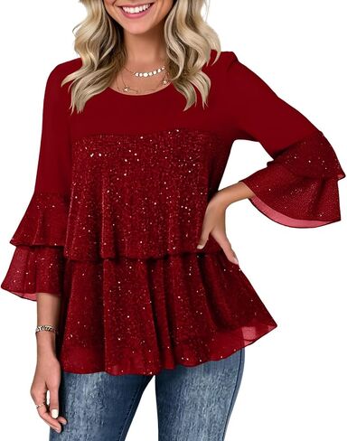 Sparkly Shirts for Women 3/4 Sleeve Ruffles Party Flowy Blouse Double Layers Mesh Comfort Holiday Tops 2025 Outfits in Saudi Arabia