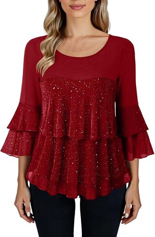 Sparkly Shirts for Women 3/4 Sleeve Ruffles Party Flowy Blouse Double Layers Mesh Comfort Holiday Tops 2025 Outfits in Saudi Arabia