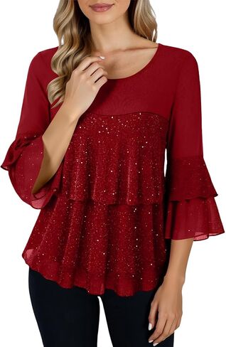 Sparkly Shirts for Women 3/4 Sleeve Ruffles Party Flowy Blouse Double Layers Mesh Comfort Holiday Tops 2025 Outfits in Saudi Arabia