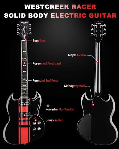 WestCreek RACER Solid Body Electric Guitar, SG guitar, Rounded End Frets, Bone nut, Rosewood Fingerboard, Mahogany Body (Black-Red Stripe) in Kuwait