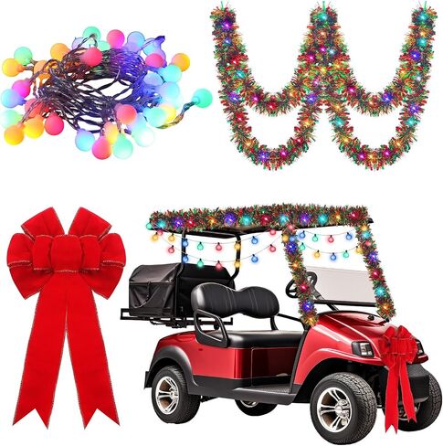 Liliful 3 Pcs Christmas Golf Cart Decorations Kit Garland Golf Cart Supplies Light String with 40 LED Lights Velvet Red Bow Colorful Tinsel Garland for Christmas Tree Holiday Parade Decoration in Saudi Arabia
