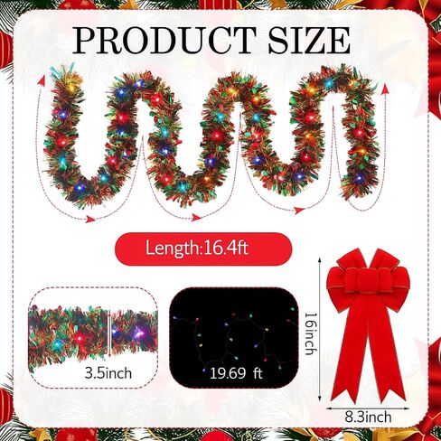 Liliful 3 Pcs Christmas Golf Cart Decorations Kit Garland Golf Cart Supplies Light String with 40 LED Lights Velvet Red Bow Colorful Tinsel Garland for Christmas Tree Holiday Parade Decoration in Saudi Arabia