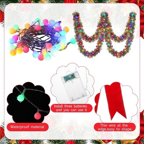 Liliful 3 Pcs Christmas Golf Cart Decorations Kit Garland Golf Cart Supplies Light String with 40 LED Lights Velvet Red Bow Colorful Tinsel Garland for Christmas Tree Holiday Parade Decoration in Saudi Arabia