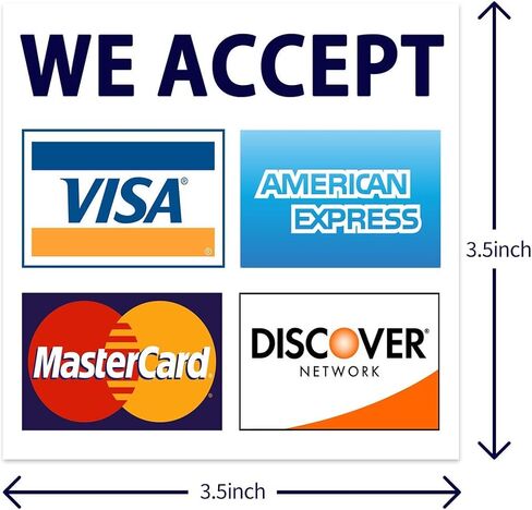 نحن نقبل بطاقات الائتمان AmEx Visa MasterCard Discover الشارات علامة الشعار للمتاجر والشركات (3.5 بوصة × 3.5 بوصة) in Saudi Arabia