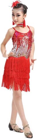 Hotfiary Kids Sparkly Sequins Dance Dress Girls Sleeveless Spaghetti Fringe Skirt Latin Rumba Samba Performance Dancewear in Saudi Arabia