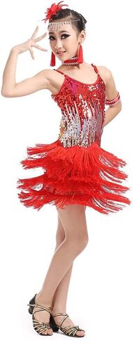 Hotfiary Kids Sparkly Sequins Dance Dress Girls Sleeveless Spaghetti Fringe Skirt Latin Rumba Samba Performance Dancewear in Saudi Arabia