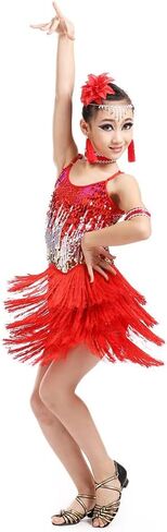 Hotfiary Kids Sparkly Sequins Dance Dress Girls Sleeveless Spaghetti Fringe Skirt Latin Rumba Samba Performance Dancewear in Saudi Arabia