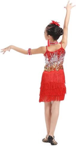 Hotfiary Kids Sparkly Sequins Dance Dress Girls Sleeveless Spaghetti Fringe Skirt Latin Rumba Samba Performance Dancewear in Saudi Arabia