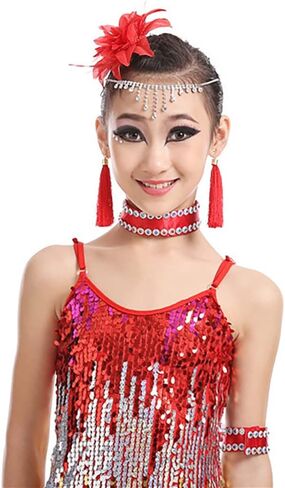 Hotfiary Kids Sparkly Sequins Dance Dress Girls Sleeveless Spaghetti Fringe Skirt Latin Rumba Samba Performance Dancewear in Saudi Arabia